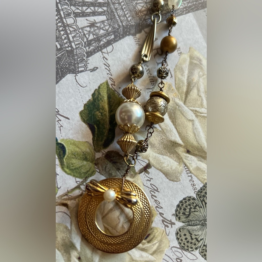 Vintage Brooch Pendant with repurposed pearls and chain Necklace